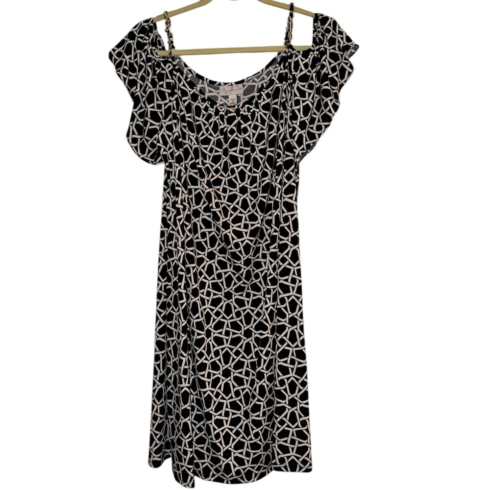 db established 1962 Geometric Pattern Black White Cold Shoulder Dress 1X